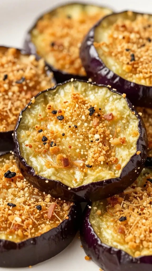 Healthy Baked Eggplant Parmesan: Crispy Comfort, Guilt-Free 3 Closeup of crispy baked eggplant round with breadcrumb crust