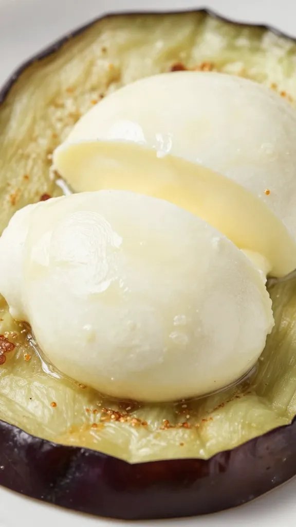 Healthy Baked Eggplant Parmesan: Crispy Comfort, Guilt-Free 4 Closeup of melted mozzarella atop single eggplant slice