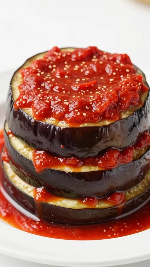 Healthy Baked Eggplant Parmesan: Crispy Comfort, Guilt-Free 5 Closeup of marinara-coated eggplant stack on white plate