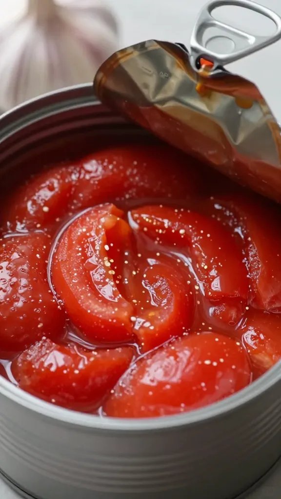 Easy Italian Skillet Pasta: Weeknight Win 5 closeup of an open can of diced tomatoes beside a lone garlic clove