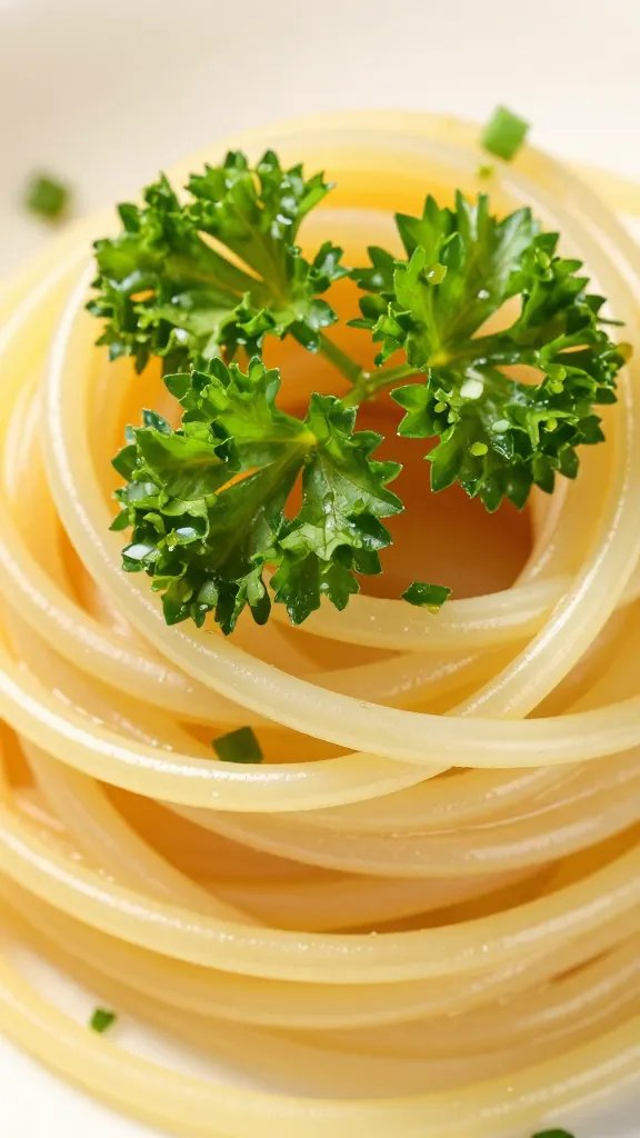 20-Minute Garlic Olive Oil Pasta: Pantry Perfection 5 closeup of chopped parsley topping a single spaghetti nest