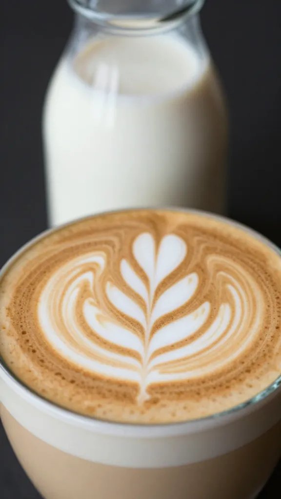 Creamy Vegan Latte at Home That Wows Your Mornings 4 closeup of almond milk bottle with latte art in focus