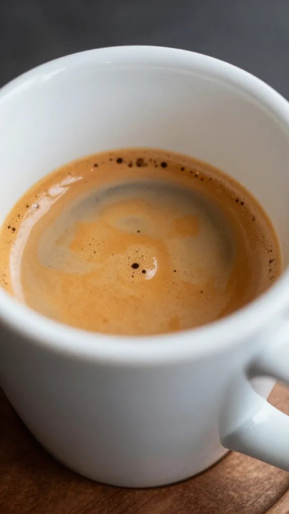 Creamy Vegan Latte at Home That Wows Your Mornings 5 closeup of espresso shot crema on a white mug with wooden coaster