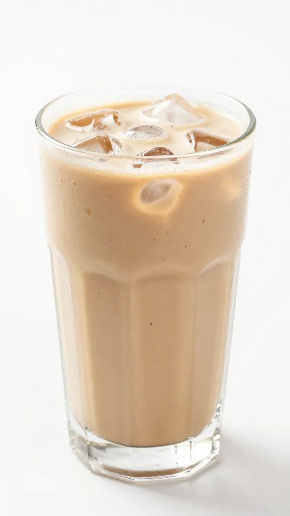 Iced Coffee Smoothie with Almond Milk: Morning Brightness 5 Closeup of a tall glass of iced coffee smoothie with vanilla bean specks on white background