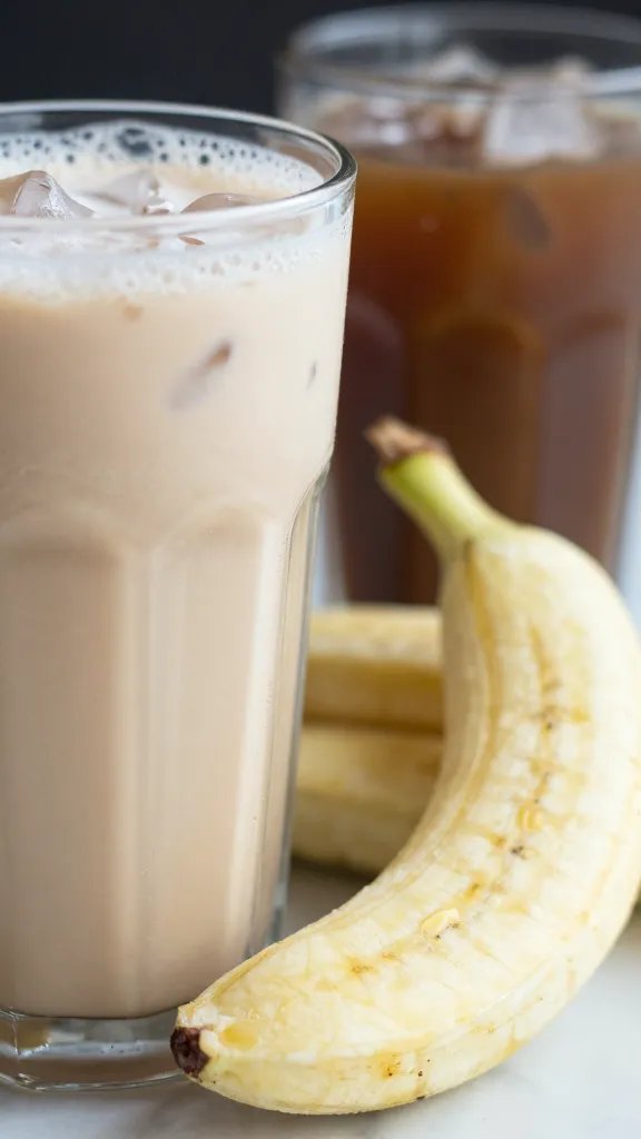 Vanilla Cinnamon Iced Coffee Smoothie: Morning Mojo 5 Closeup of a single frozen banana beside a glass of iced coffee smoothie