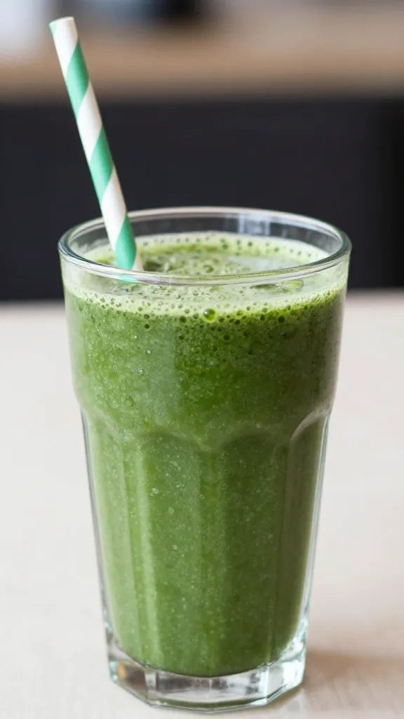Morning Energy Green Smoothie: Your Weekday Power Boost 4 closeup of a single green smoothie in a tall glass with a striped straw
