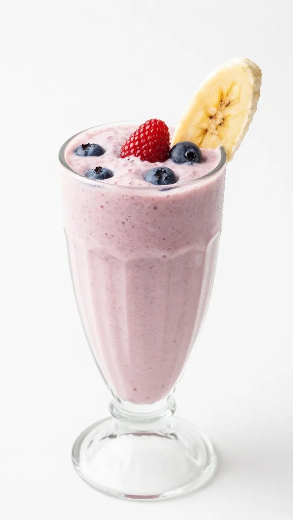 Pre-Workout Smoothie for Natural Energy: Boost Your Workout Fast 4 Closeup of a single glass smoothie with berries and banana on a white surface
