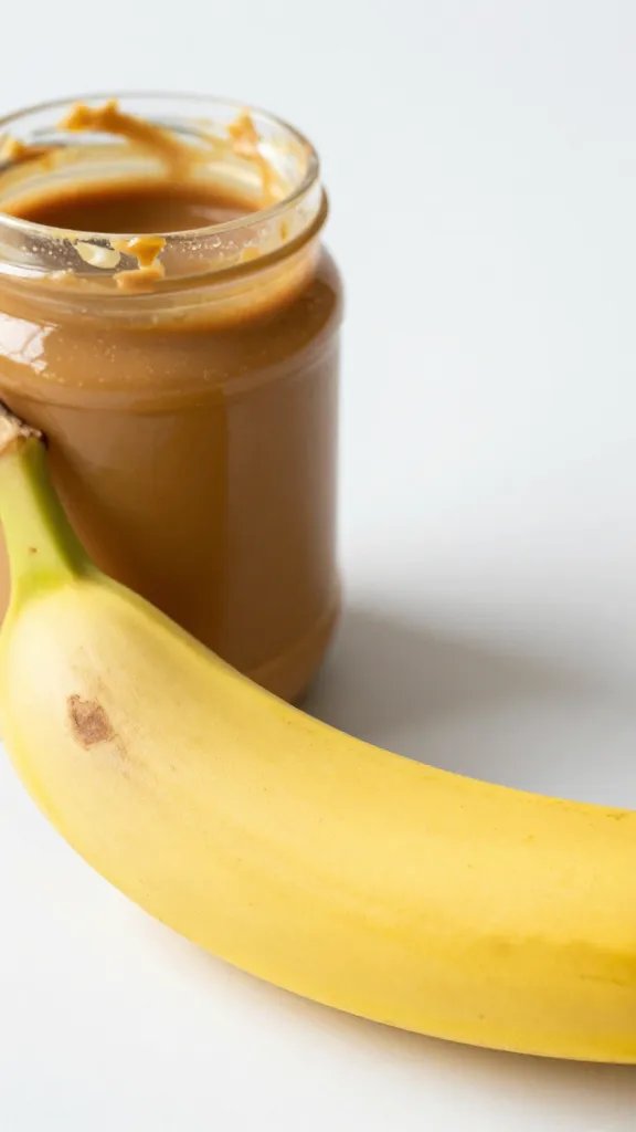 Banana Peanut Butter Energy Smoothie: Morning Power Boost 3 Closeup of a single ripe banana beside a jar of peanut butter