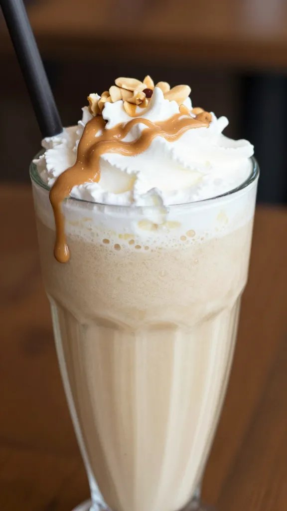 Banana Peanut Butter Energy Smoothie: Morning Power Boost 4 Closeup of a tall smoothie glass with banana-peanut butter swirl