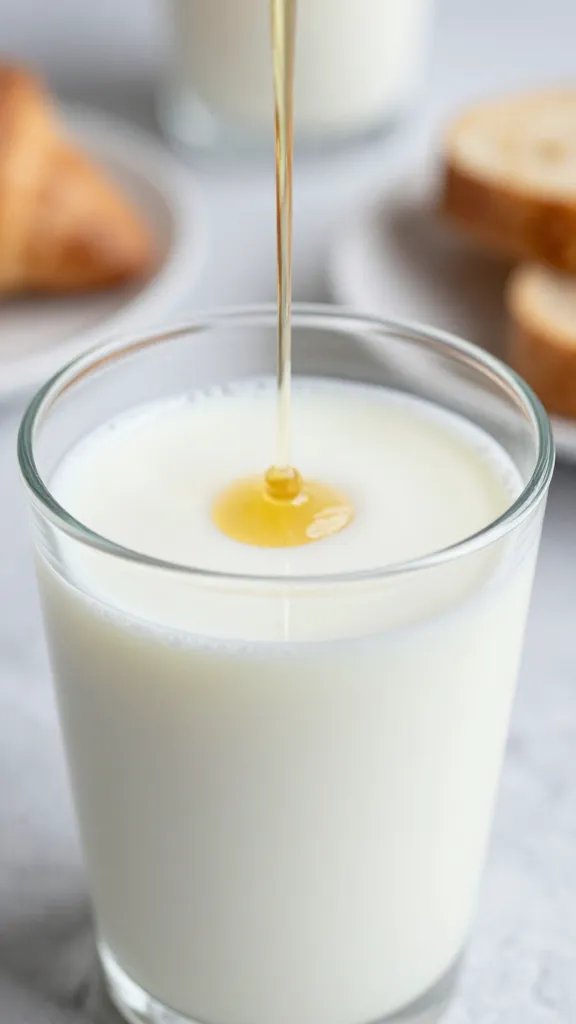 Banana Peanut Butter Energy Smoothie: Morning Power Boost 5 Closeup of a single cup of milk with a drizzle of honey, against a blurred breakfast scene