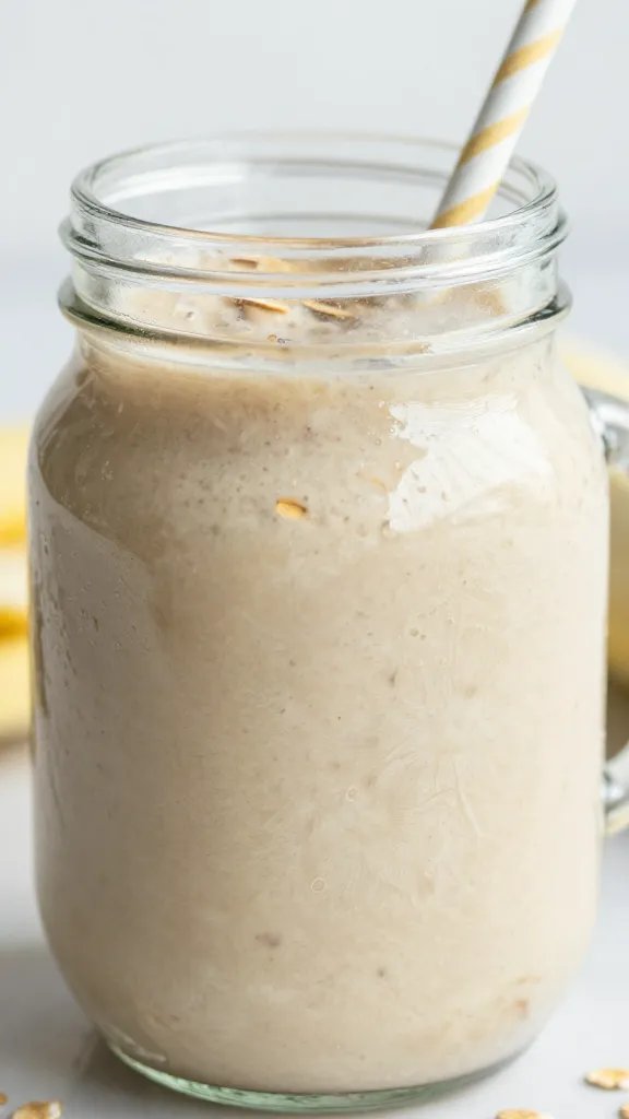 Filling Weight Loss Smoothie with Oats That Keeps You Full 4 closeup: glass mason jar smoothie with oats and banana
