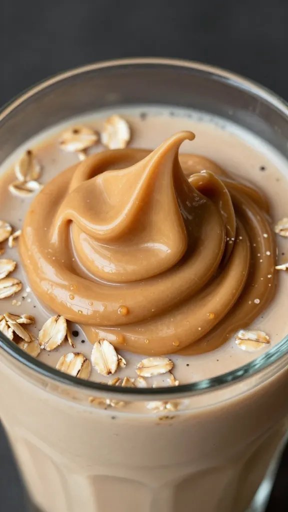 Filling Weight Loss Smoothie with Oats That Keeps You Full 5 closeup: top view of oats, peanut butter swirl in smoothie glass