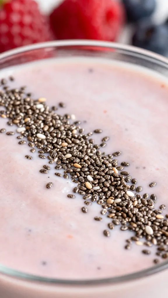 High-Fiber Smoothie for Weight Loss: Satisfying Go-to Power Drink 5 closeup of chia seeds sprinkled on smoothie surface with berries backdrop