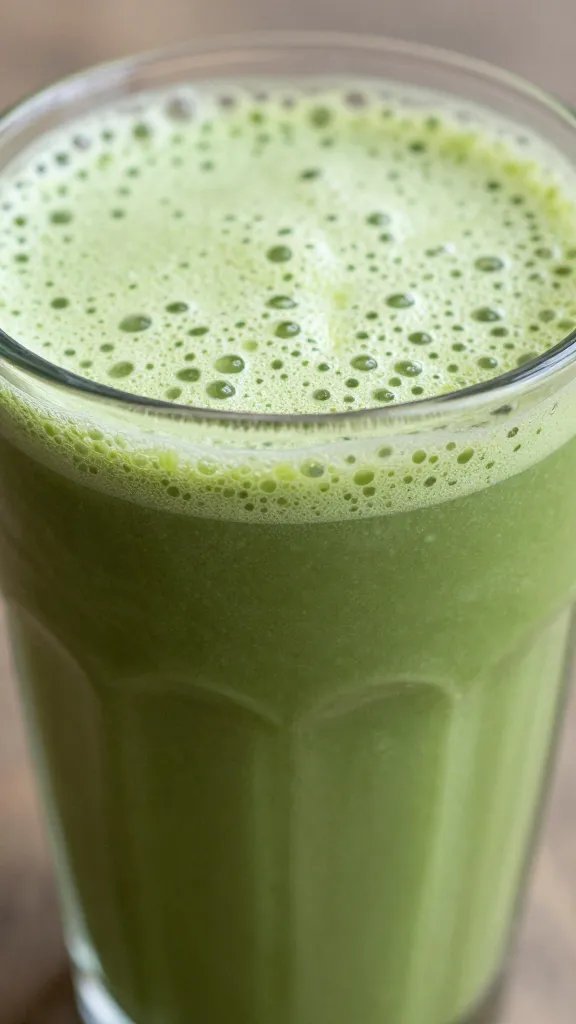 Fat-Burning Green Smoothie Recipe: Slimming Quick Fix 5 Closeup of a glass smoothie with green color and frothy top, single focus on rim