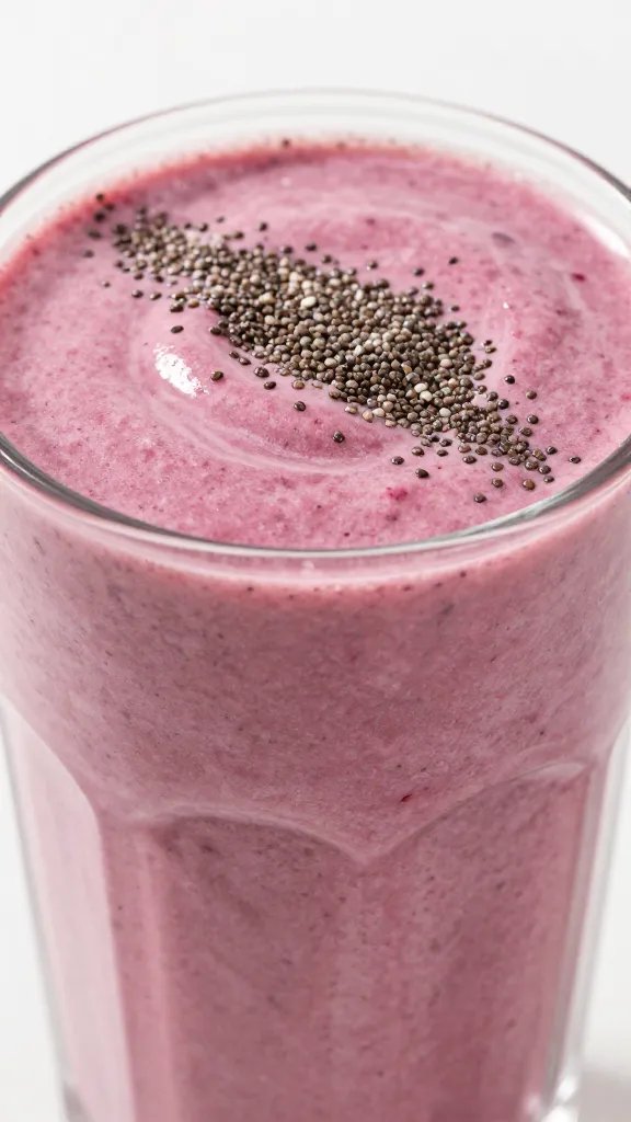 Low-Calorie Berry Weight Loss Smoothie That Delights 4 Closeup of a berry smoothie glass with visible swirls and chia topping