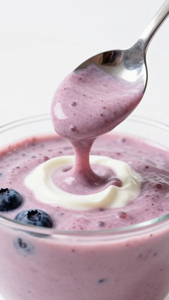 Low-Calorie Berry Weight Loss Smoothie That Delights 5 Closeup of a single yogurt spoon hovering over blended berry smoothie bowl