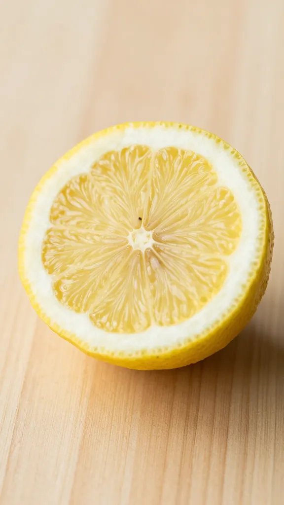 Simple Morning Detox Juice: Zingy Wake-Up Call 5 Closeup of a single lemon slice with ginger speck on wooden surface