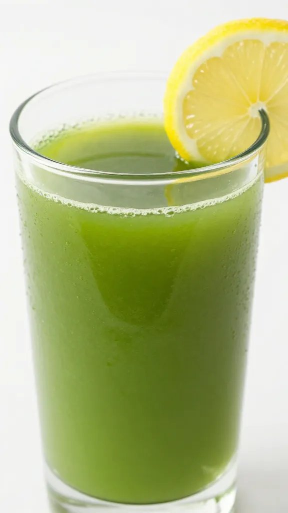 Green Detox Juice to Reset Your Day: Quick Morning Boost 5 closeup of a glass with green detox juice and a lemon wedge on rim
