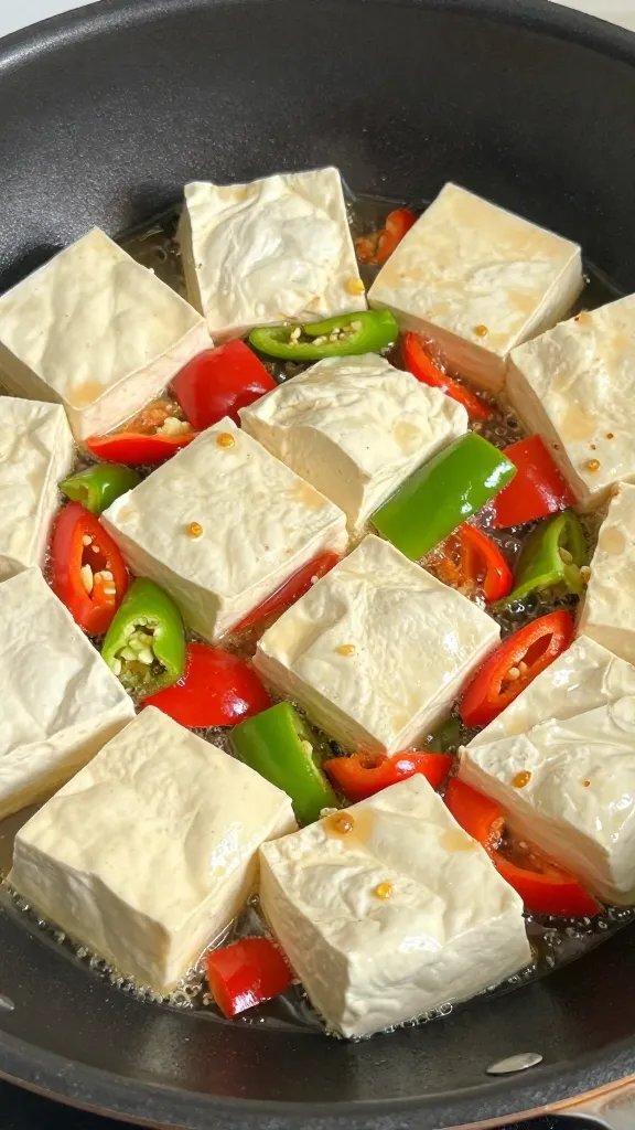 Delicious Easy Vegan Protein Stir-Fry in 20 Minutes 3 Closeup of cubed tofu sizzling in a hot pan with vibrant peppers