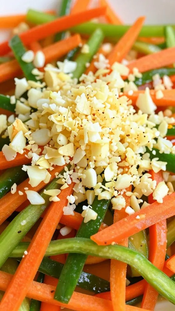 Delicious Easy Vegan Protein Stir-Fry in 20 Minutes 5 Closeup of grated ginger and minced garlic over colorful stir-fry vegetables