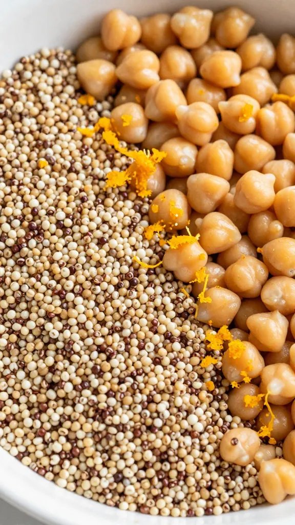 Chickpea & Quinoa Power Salad: Weeknight Win 3 closeup quinoa and chickpeas bowl, citrus zest drizzle