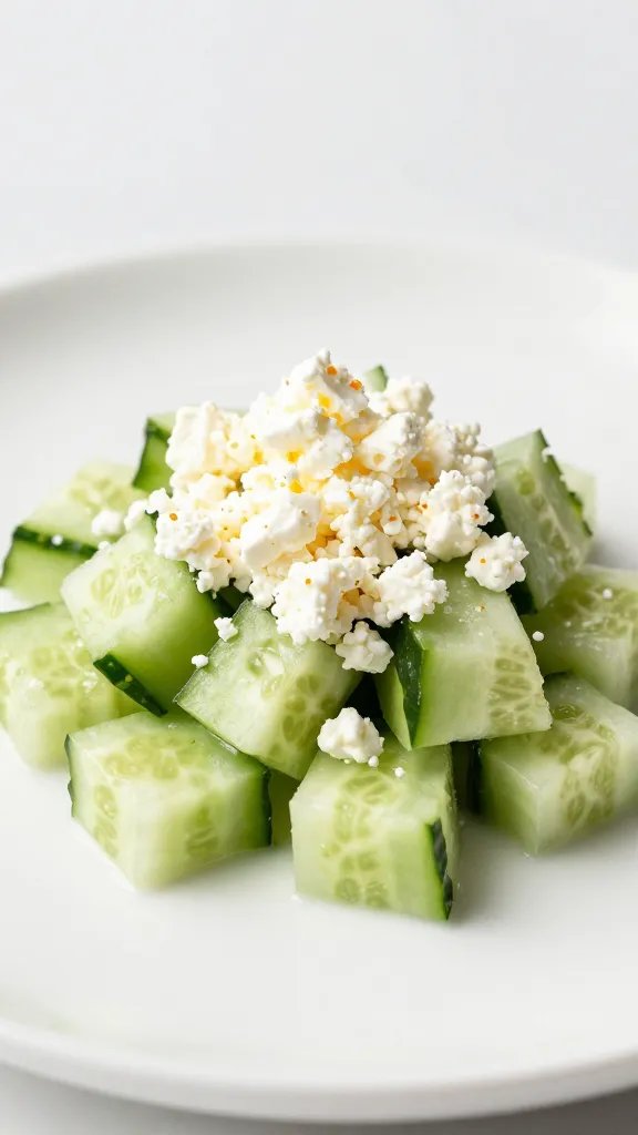 Chickpea & Quinoa Power Salad: Weeknight Win 5 feta crumbles over diced cucumber, macro shot on white plate