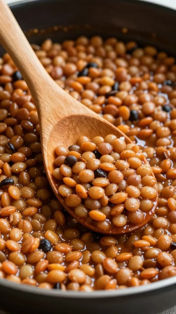 Protein-Rich Lentil Bolognese: Weeknight Win 5 closeup of a wooden spoon resting in lentil bolognese skillet