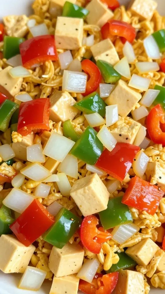 Tofu Scramble Packed with Plant Protein: Morning Power Boost 5 closeup of diced onion and bell pepper atop tofu scramble