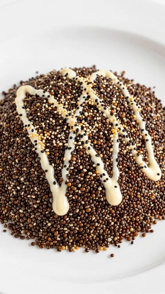High-Protein Vegan Buddha Bowl: Quick Power Lunch 3 Closeup of quinoa mound with sesame drizzle on white plate