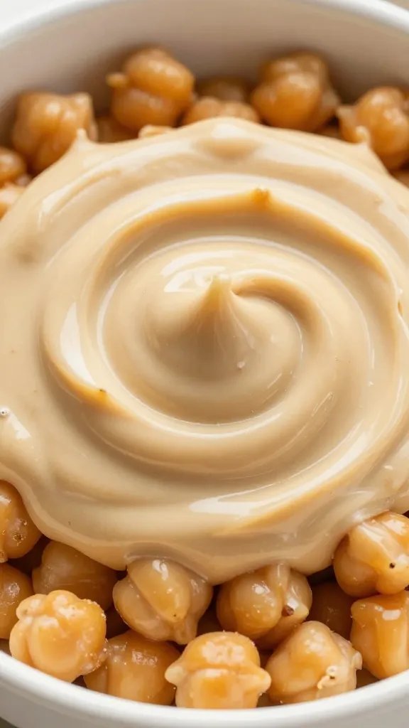 High-Protein Vegan Buddha Bowl: Quick Power Lunch 5 Tight focus on tahini swirl on chickpeas in bowl, creamy texture visible