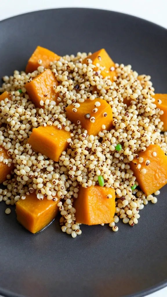 Five-Star $5 Vegan Dinner You’Ll Make Again Tonight 5 closeup of a single plated quinoa-pumpkin vegan dish on dark plate