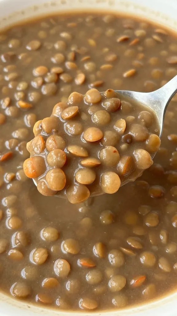 Budget-Friendly Lentil Soup That Feeds a Crowd: Weeknight Win 5 closeup of a spoonful of thick lentil soup with visible lentils