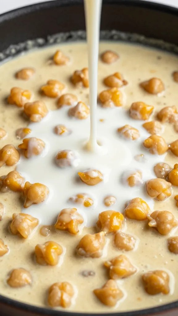 Quick Chickpea Curry with Pantry Staples: Easy One-Pot Dinner 5 Closeup coconut milk drizzle over creamy chickpea curry in skillet