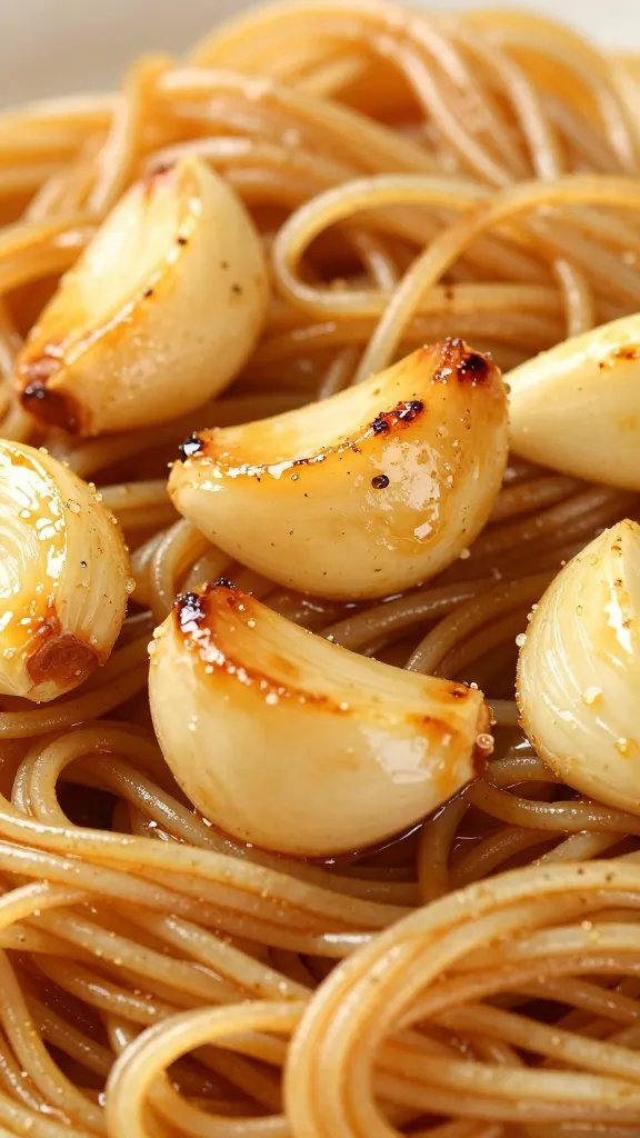 One-Pan Vegan Garlic Noodles: Quickweeknight Wows 4 Closeup of caramelized garlic cloves resting on noodles