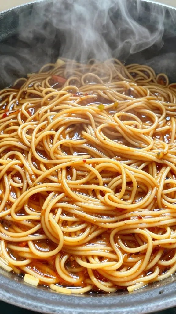 One-Pan Vegan Garlic Noodles: Quickweeknight Wows 5 Closeup of steam rising from one pan of garlicky vegan noodles