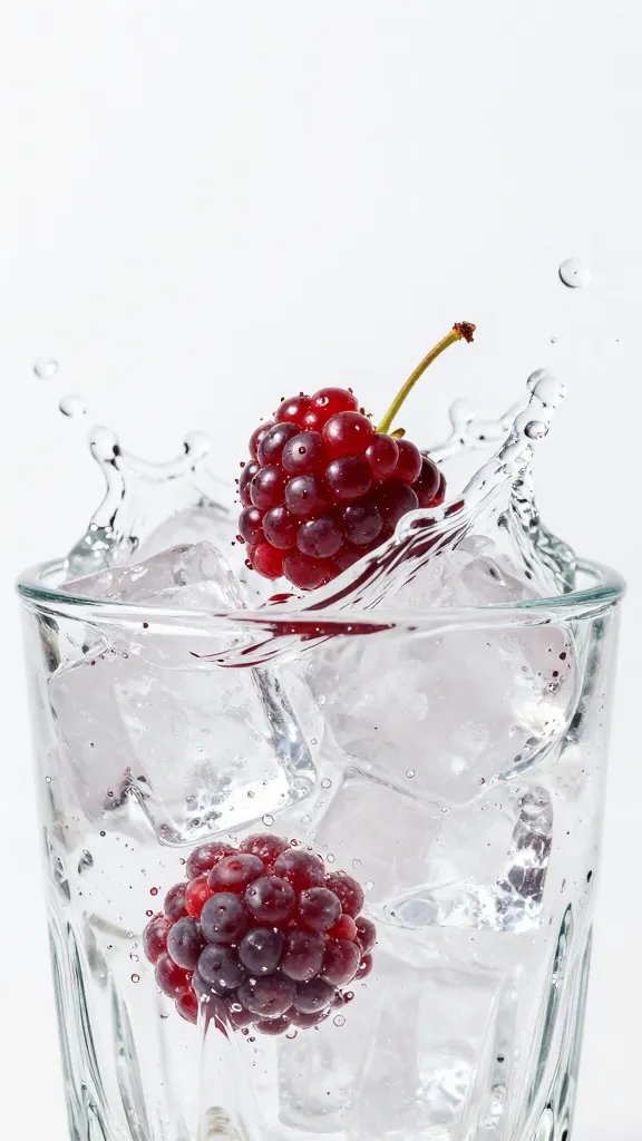 Refresh with Refreshing Detox Drink to Reset and Rehydrate 5 closeup single berry splash in crystal glass, ice cubes glistening