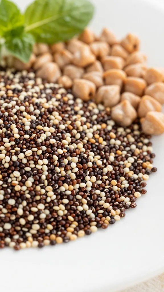 Plant-Based Protein-Packed Recipe for Strength & Energy: Fuel Up Fast 3 closeup of quinoa and chickpeas spill on white plate with greens