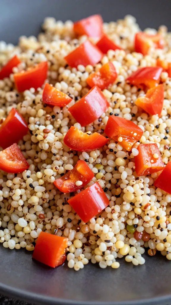 Plant-Based Protein-Packed Recipe for Strength & Energy: Fuel Up Fast 5 closeup of vibrant bell pepper dices atop quinoa mound on dark plate