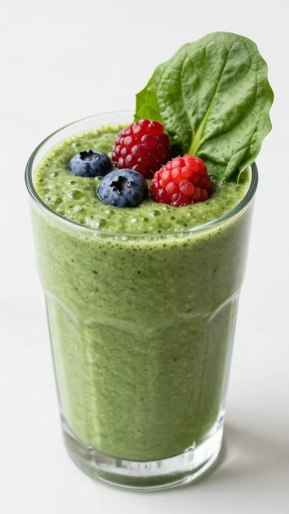 Low-Calorie Smoothies for Healthy Weight Loss You’Ll Love 4 Closeup of a single glass smoothie with berries and spinach garnish