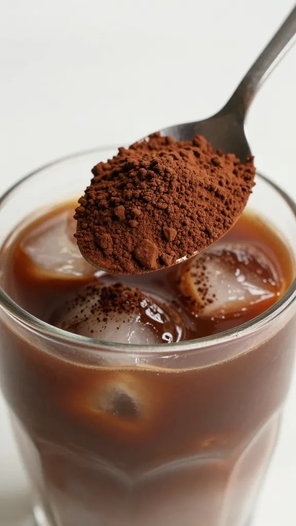 Easy Café-Style Coffee Recipes at Home: Fast & Flavorful 5 Close-up of a single spoon of cocoa powder dusting over iced coffee in glass