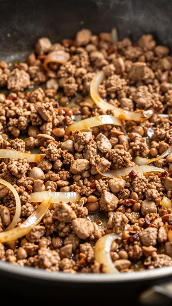 Easy Mexican Meals From Tacos to Burrito Bowls: Weeknight Wins 3 closeup of sizzling ground turkey in a skillet with onions