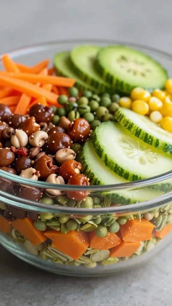 Easy Mexican Meals From Tacos to Burrito Bowls: Weeknight Wins 5 closeup of vibrant burrito bowl ingredients layered in a clear glass bowl