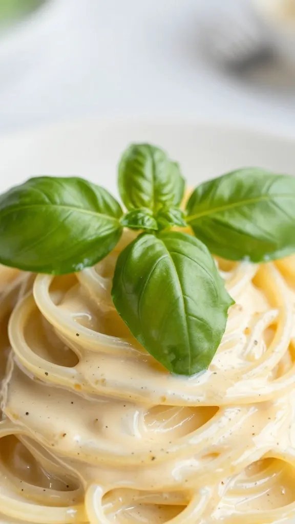 Lightened-Up Italian Classics You’Ll Still Love: Simple Shine 4 closeup of fresh basil leaf atop creamy light pasta