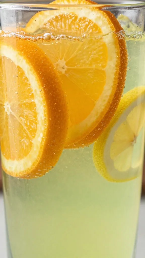 Natural Energy Drinks Without the Crash You’Ll Love 5 closeup of a glass of natural energy drink with orange, lemon, green tea, and bubbles