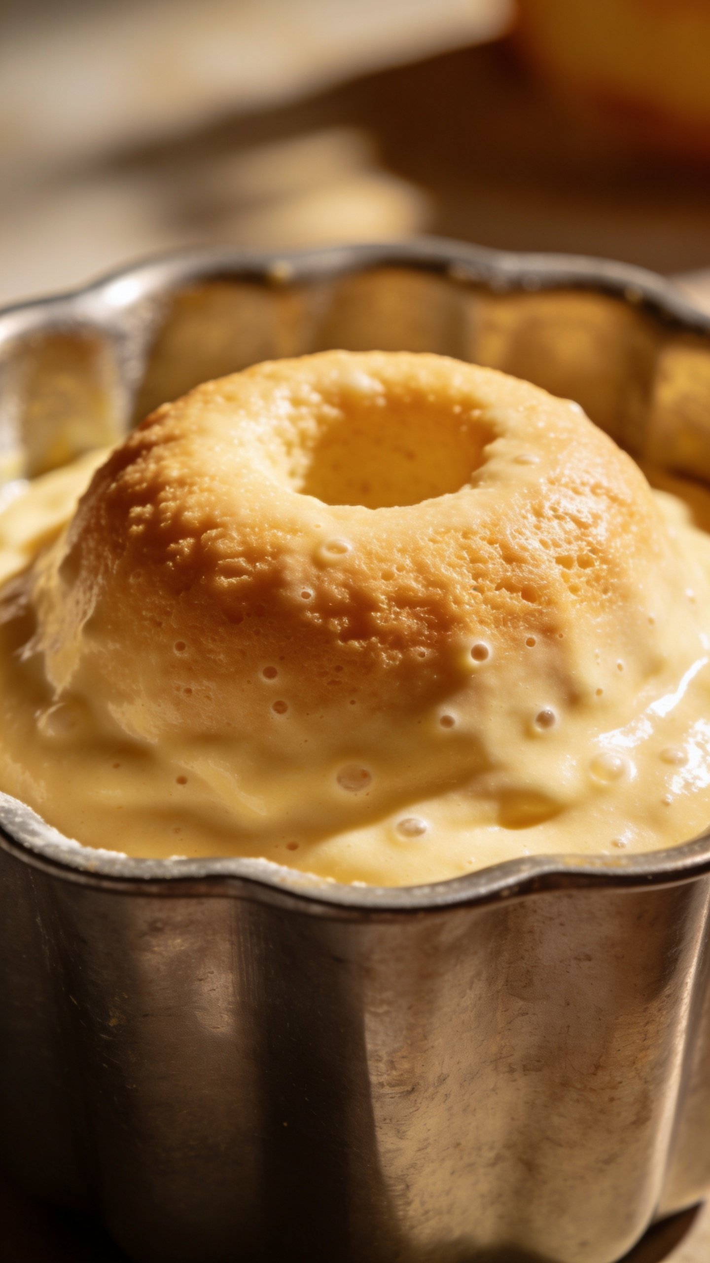 How Full to Fill Cake Pan Secrets for Perfect Rise 4 closeup of a domed cake batter rising just before bake in a tube pan