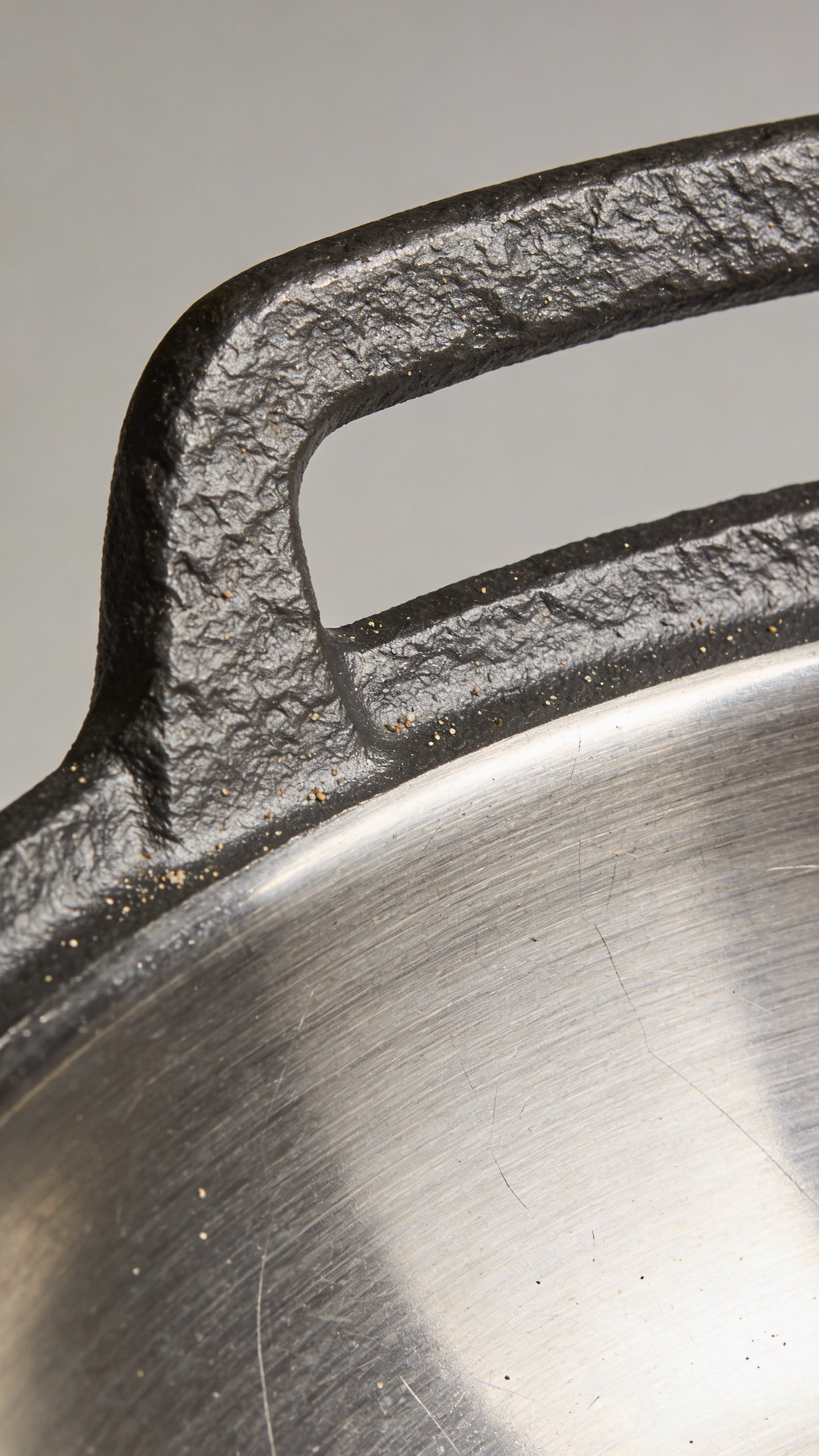 Are Non-Stick Pans Safe: What You Need to Know 4 Extreme closeup of pan handle junction on reinforced coating edge