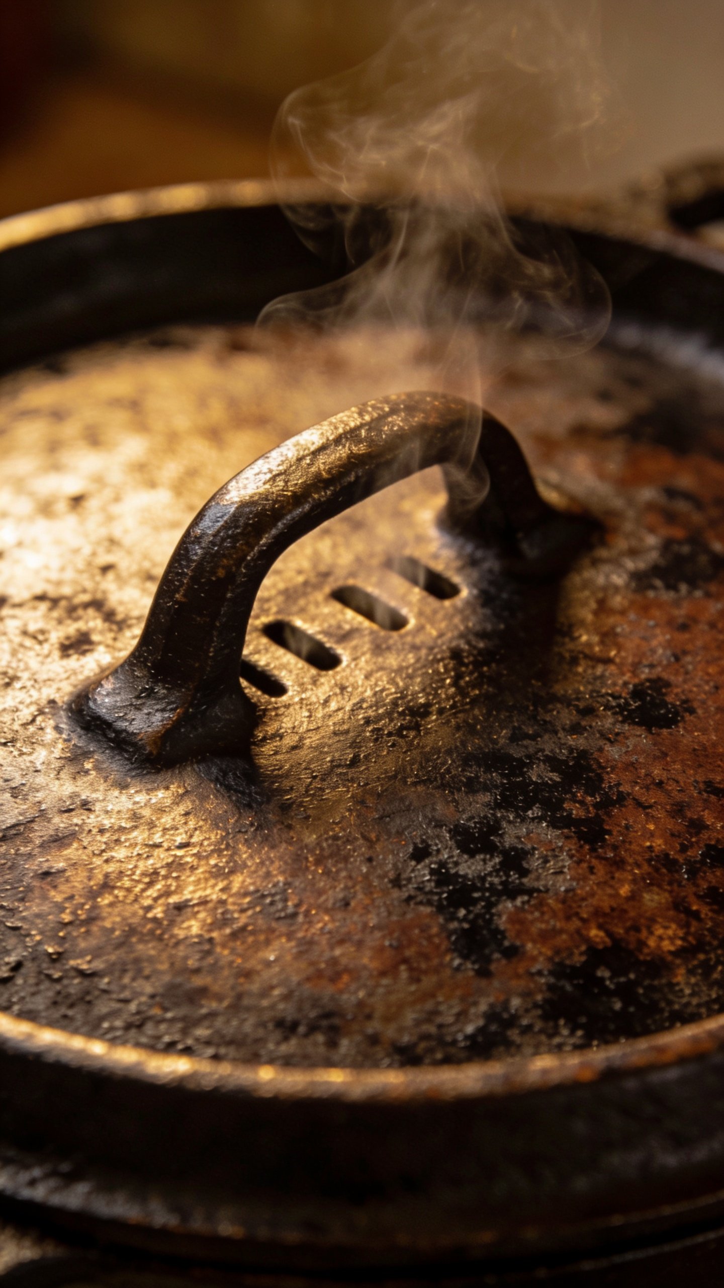 Dutch Oven Vs Roasting Pan: Which Wins Your Kitchen? 2 Closeup of a cast-iron Dutch oven lid with steam