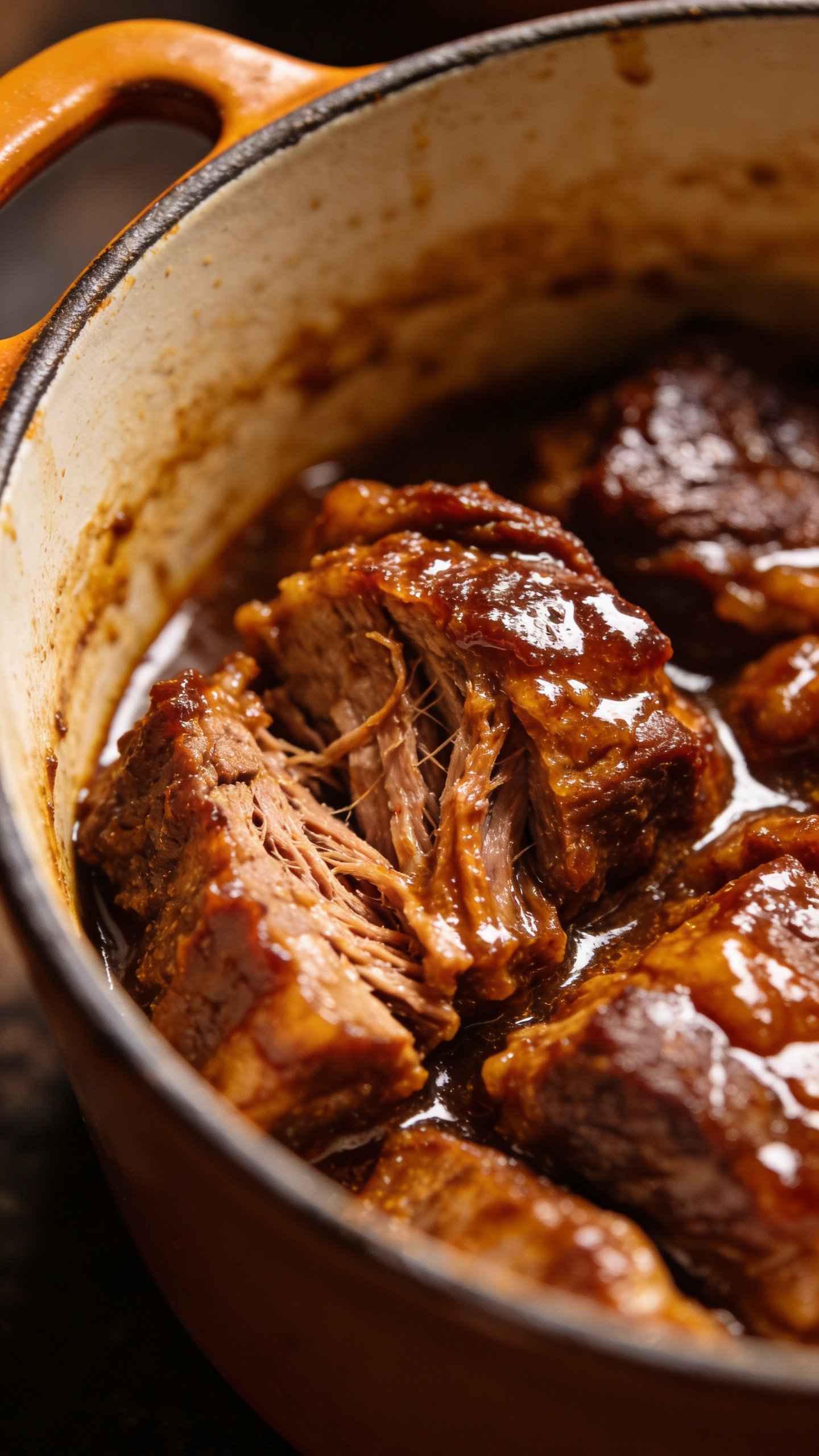 Dutch Oven Vs Roasting Pan: Which Wins Your Kitchen? 4 Closeup of glossy enamel-coated Dutch oven interior showing braised meat
