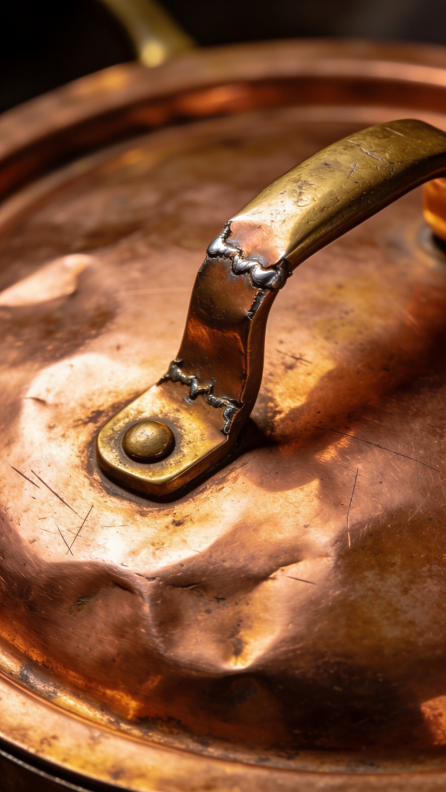 What to Do with Old Pots and Pans: Tiny Projects, Big Impact 2 Closeup of a dented copper pot with a repaired lid handle