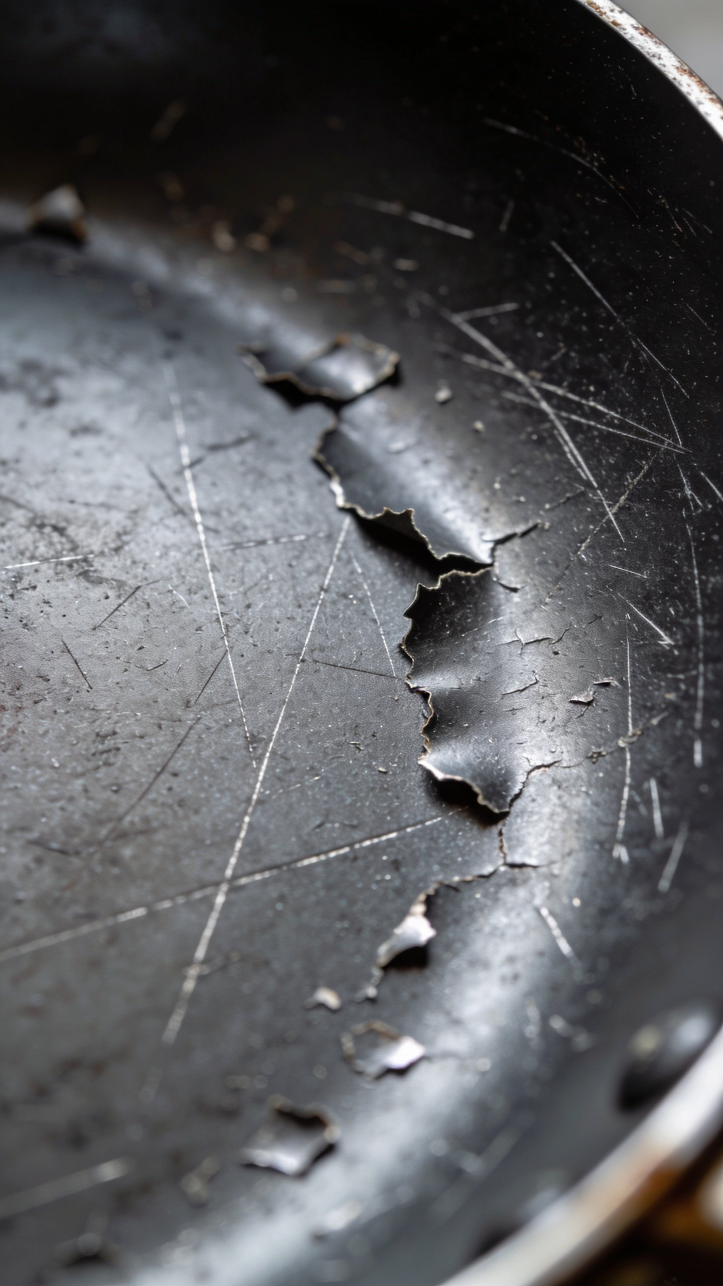 How to Tell If a Pan Is Non Stick and Still Slick 2 Closeup of a scratched nonstick pan surface with visible flakes